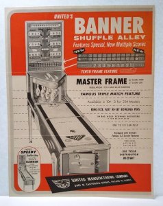 Banner Arcade Flyer 1954 Original Vintage United Shuffle Alley Game Art 8 x 11