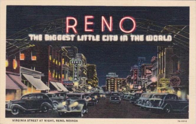 Nevada Reno Virginia Street At Night 1940 Curteich