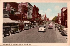 Postcard ON St. Thomas Main Street Drug Store Cigar Store Street View 1940s S100