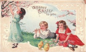 Postcard Happy Easter Children playing + Chicks