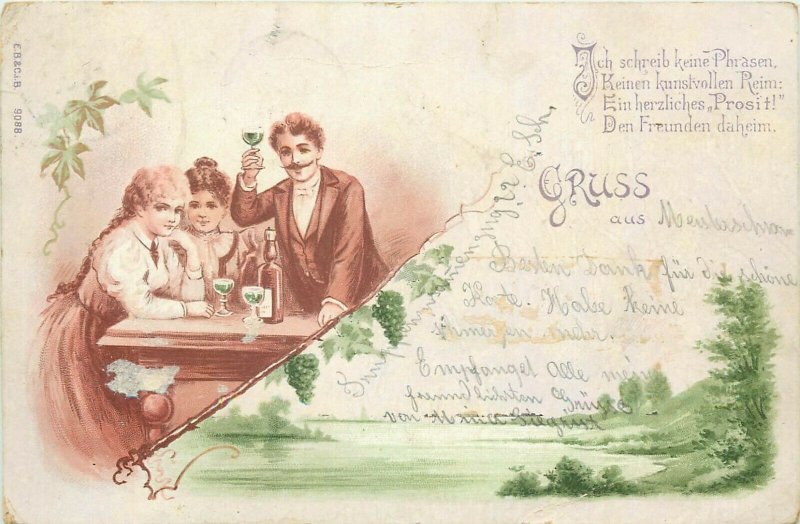 Gruss aus 1899 chromo litho people cheers champagne fantasy Switzerland postcard