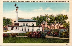 Postcard NY Ogdensburg Soldiers' & Sailors' Monument & Library LINEN 1940s V105