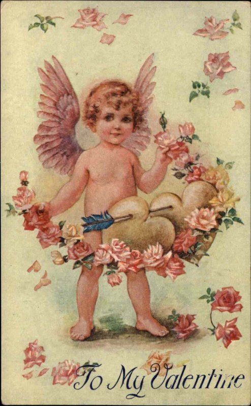 A vintage Valentine card with cupid flying over a woman with a feather fan  Stock Illustration by ©sparkstudio #12092925