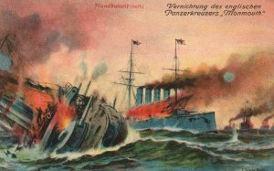 Rare German Navy Destruction of English HMS Monmouth Cruiser c1914 Art WWI