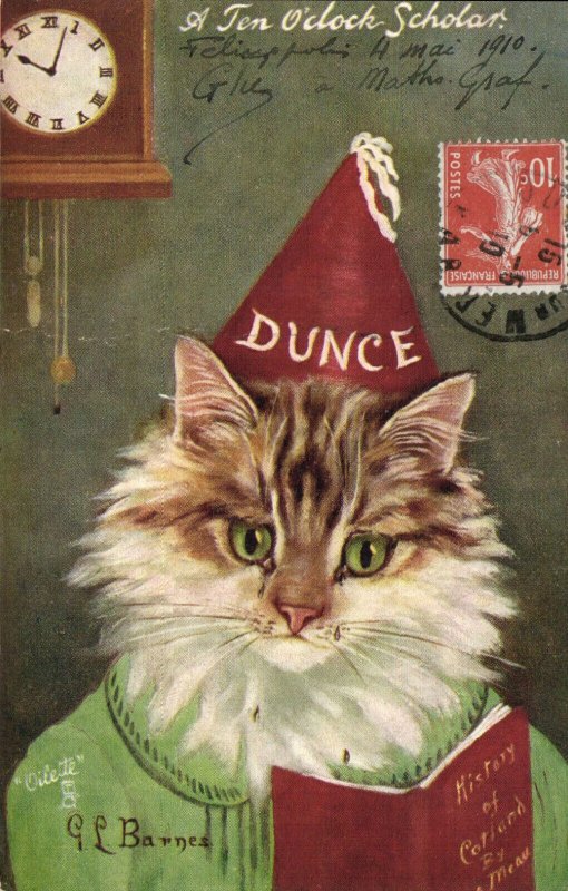 PC CATS, ARTIST SIGNED, BARNES, TEN O'CLOCK, Vintage Postcard (b47088)