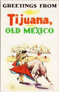 Greetings from Tijuana Mexico Old Mexico Bullfighter Bull Postcard G35