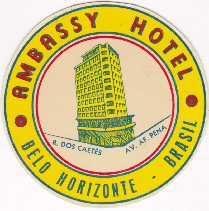 Brasil Belo Horiconte Ambassy Hotel Vintage Luggage Label sk1328