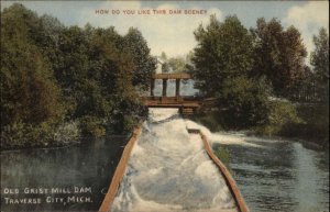 Traverse City Michigan MI Old Grist Mill Dam Waterfall c1910 Vintage Postcard