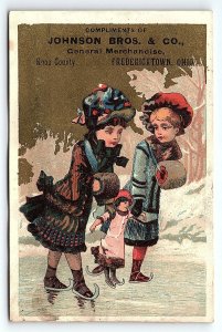 c1880 FREDERICKTOWN OH JOHNSON BROS & CO ICE SKATING VICTORIAN TRADE CARD P2821G