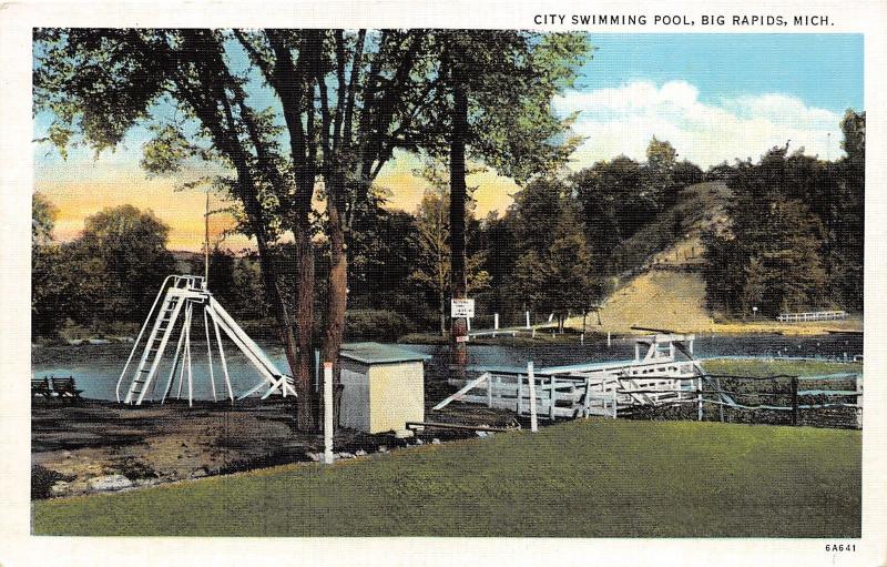 Big Rapids Michigan~City Swimming Pool~Waterslide~Sign on Tree~1940s Postcard