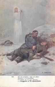 WWI military propaganda, dying comrade soldier by A. Setkowicz, Hungary