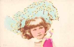 Little Girl with Big Hat Clown Pierrot Doll Tinted Real Photo Postcard J65992