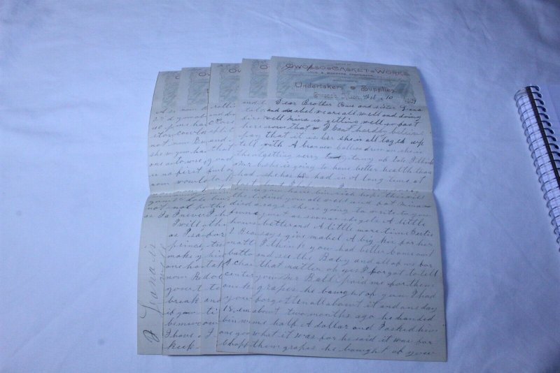 Vintage 1889 Hand Written 5 Page Letter on Owosso Casket Works Stationary