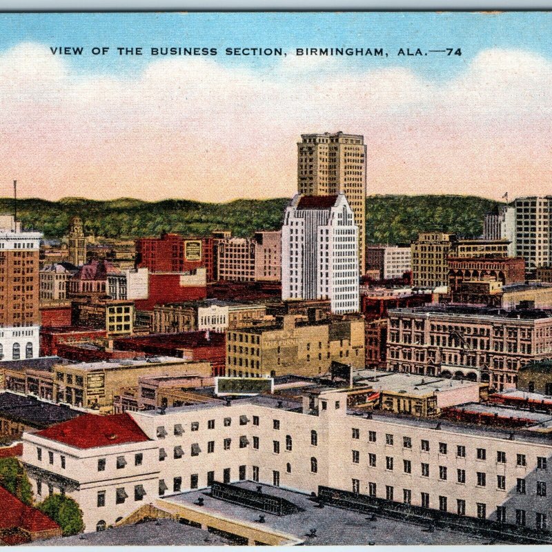 c1940s Birmingham AL Downtown Birds Eye Business Section Skyline Magic City A203