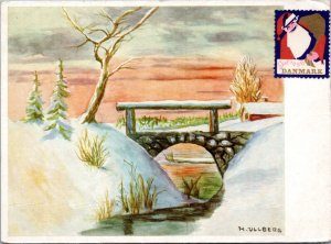 Postcard Denmark Winter scene with bridge Art card after H. Ullberg