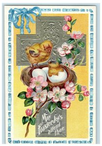 c1910 Greetings Easter Silver Cross Chicks Hatched Egg In Nest Flowers Postcard 