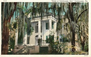 Vintage Postcard 1940 Home of Tallahassee Girl Big House Hanging Tree Leaves Fla