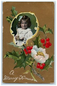 c1905 Christmas Girl Candle Flower Holly Berries Parks Creek NS Antique Postcard