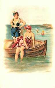 Embossed  Beautiful Women In A Boat Postcard