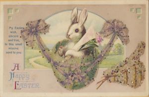 Vintage Easter Bunny in Basket with flowers glitterMy