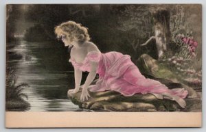 Art Nouveau Pretty Lady in Pink Woodland Nymph Artist M. Greiner Postcard L37