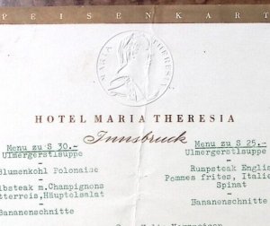 1955 INNSBRUCK AUSTRIA HOTEL MARIA THERESIA EMBOSSED RESTAURANT MENU Z5567