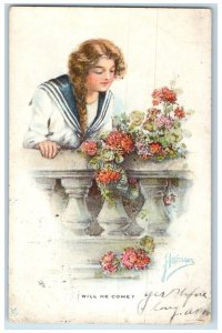 c1910's Pretty Woman Braided Hair Flowers Lewiston Illinois IL Antique Postcard