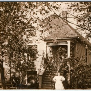 c1910s Cute Woman & Small House RPPC Homemaker Bushes Trees Real Photo PC A133
