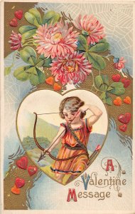 F76/ Valentine's Day Love Holiday Postcard c1910 Girl Bow Arrow Gold 24