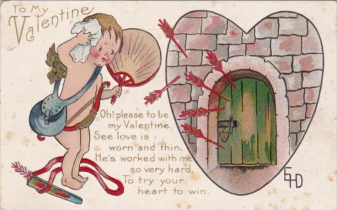 Valentine's Day Cupid Shooting Arrows At Castle Door 1916