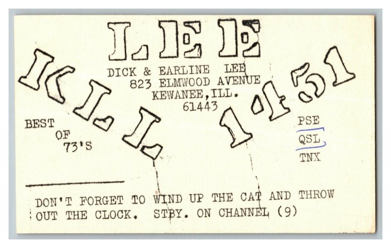 QSL Radio Card From Kewanee ILL Illinois KLL 1451 