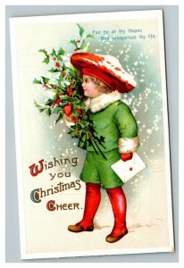 Vintage 1911 International Art Christmas Postcard Cute Child Mistletoe Snow NICE