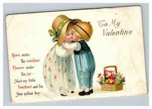 Vintage 1910's International Art Valentines Postcard Cute Kids Kiss Flowers