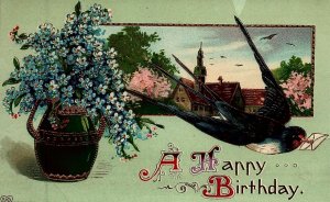 1911 HAPPY BIRTHDAY BIRD FLOWERS CHURCH LETTER H LOEWENBERG EAS POSTCARD 26-310