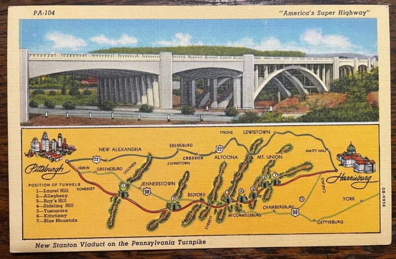 Vintage Postcard 1940 New Stanton Viaduct, PA Turnpike, America's Super