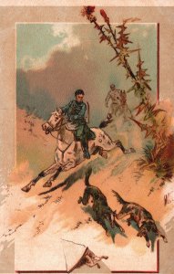 Vintage Postcard Painting Work Of Art Horseback Ride Wolf Hunting Forest Hunts