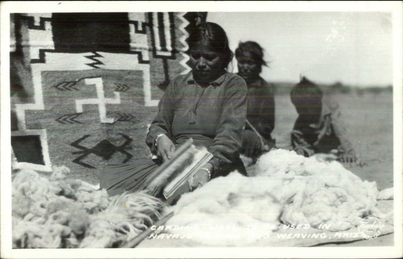 Arizona Native Navajo Indians Frasher's Real Photo Postcard CARDING WOOL