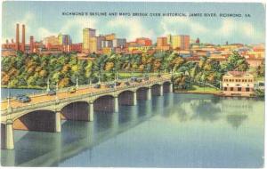 Richmond's Skyline and Mayo Bridge, James River, Richmond, Virginia ,VA. Linen