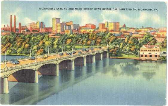 Richmond's Skyline and Mayo Bridge, James River, Richmond, Virginia ,VA. Linen