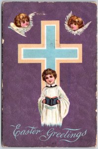 Easter Greetings, Angels & Holy Cross In Violet Background, Vintage Postcard