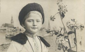 Children scenes & portraits postcard young boy kazak outfit hat harbour scene