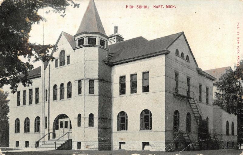 Hart Michigan~High School~Round Tower~Fire Escapes~1910 B&W Postcard 