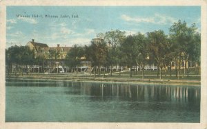 Winona Lake Indiana Winona Hotel Across Lake 1923 White Border Postcard Used