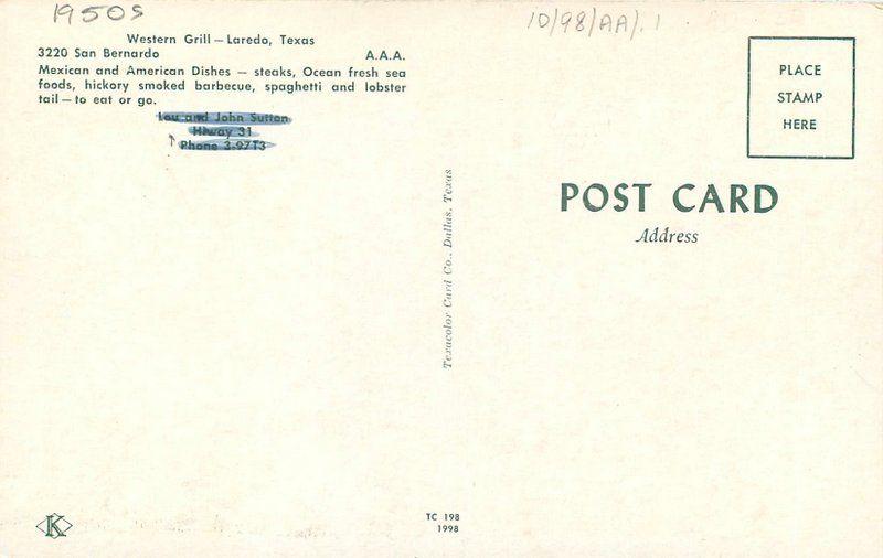 1950s Western Grill Laredo Texas Interior Postcard Texacolor 12645