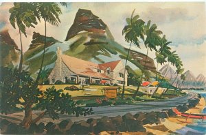 Oahu Hawaii Crouching Lion Inn Watercolor Kahana Bay  Chrome Postcard Unused