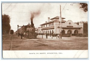 c1910 Santa Fe Depot Locomotive Train Rail Stockton California Vintage Postcard