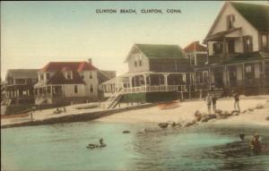 Clinton CT Homes on Beach Hand Colored Postcard 