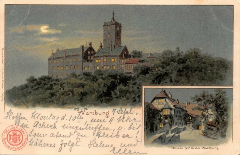 WARTBURG GERMANY~SCHLOSS NIGHT VIEW-ERSTER HOF in der WARTBURG-1900 PM POSTCARD 