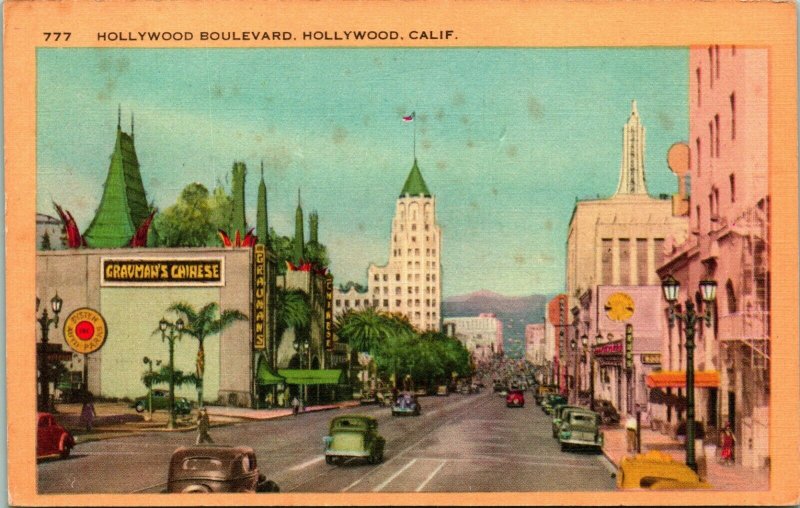 Vtg Lino Cartolina Hollywood California Hollywood Boulevard Auto Grauman's Unp
