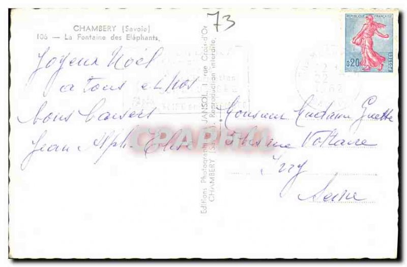 Old Postcard Chambery Savoie Fountain of Elephants